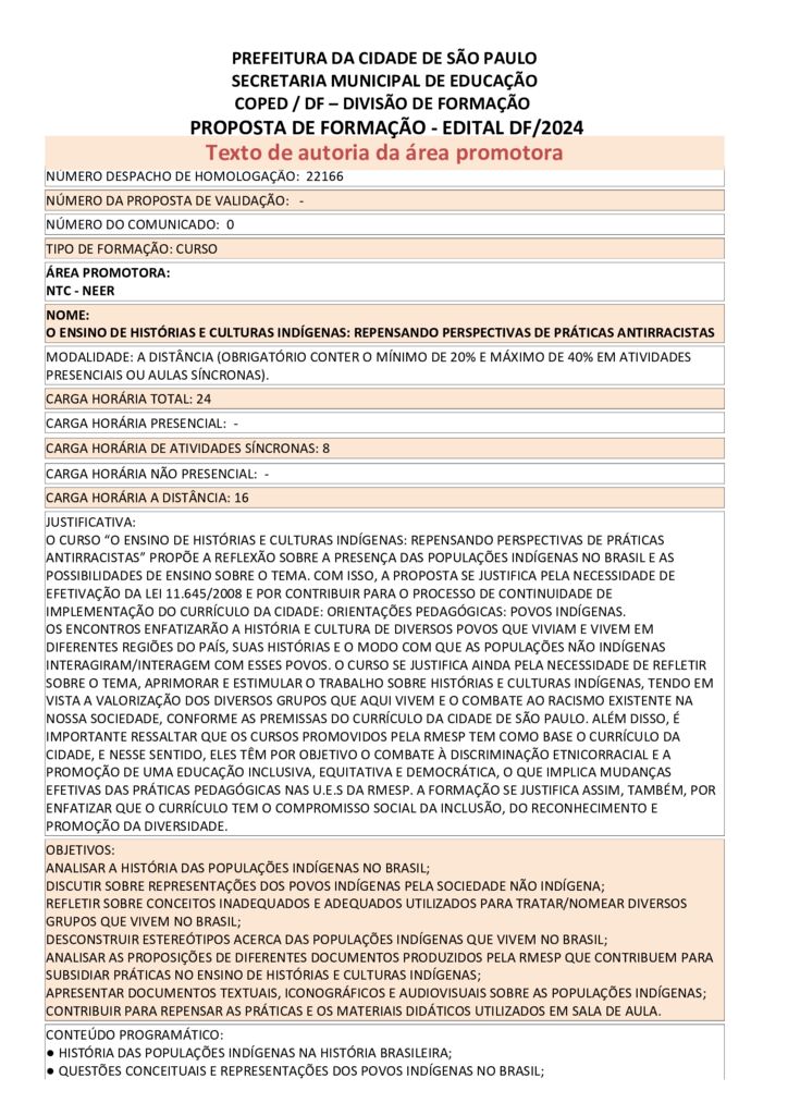 PROPOSTA FORMATIVA HOMOLOGADA PELA SME.