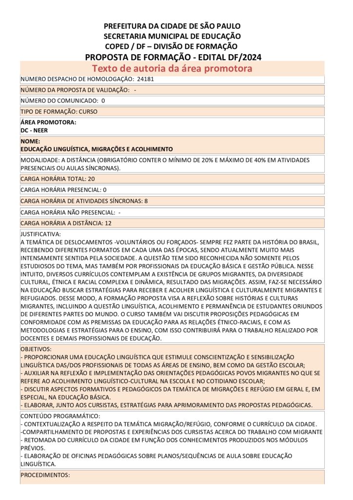 PROPOSTA FORMATIVA HOMOLOGADA PELA SME.