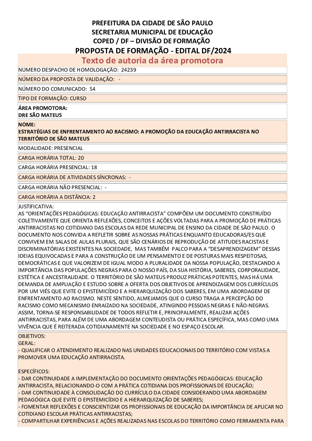 PROPOSTA FORMATIVA HOMOLOGADA PELA SME.