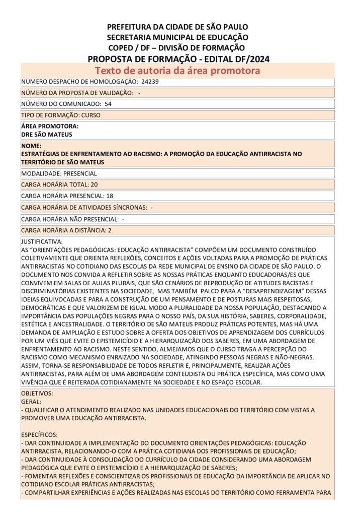 PROPOSTA FORMATIVA HOMOLOGADA PELA SME.