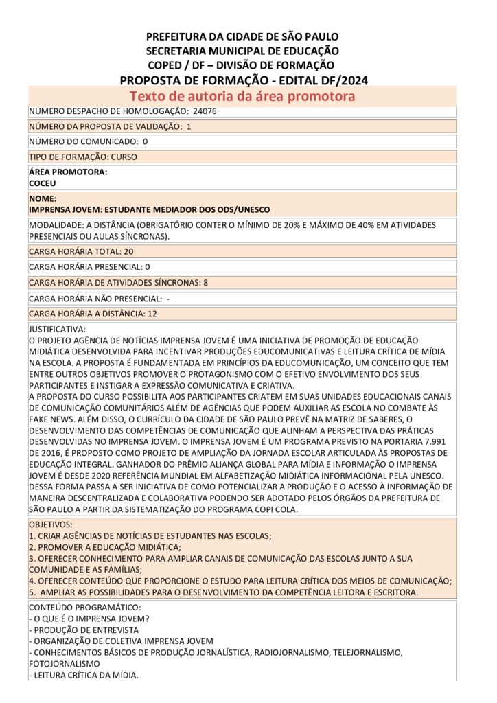 PROPOSTA FORMATIVA HOMOLOGADA PELA SME.