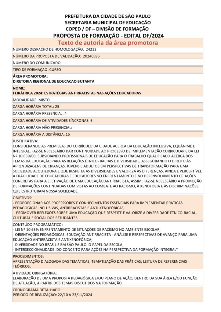 PROPOSTA FORMATIVA HOMOLOGADA PELA SME.