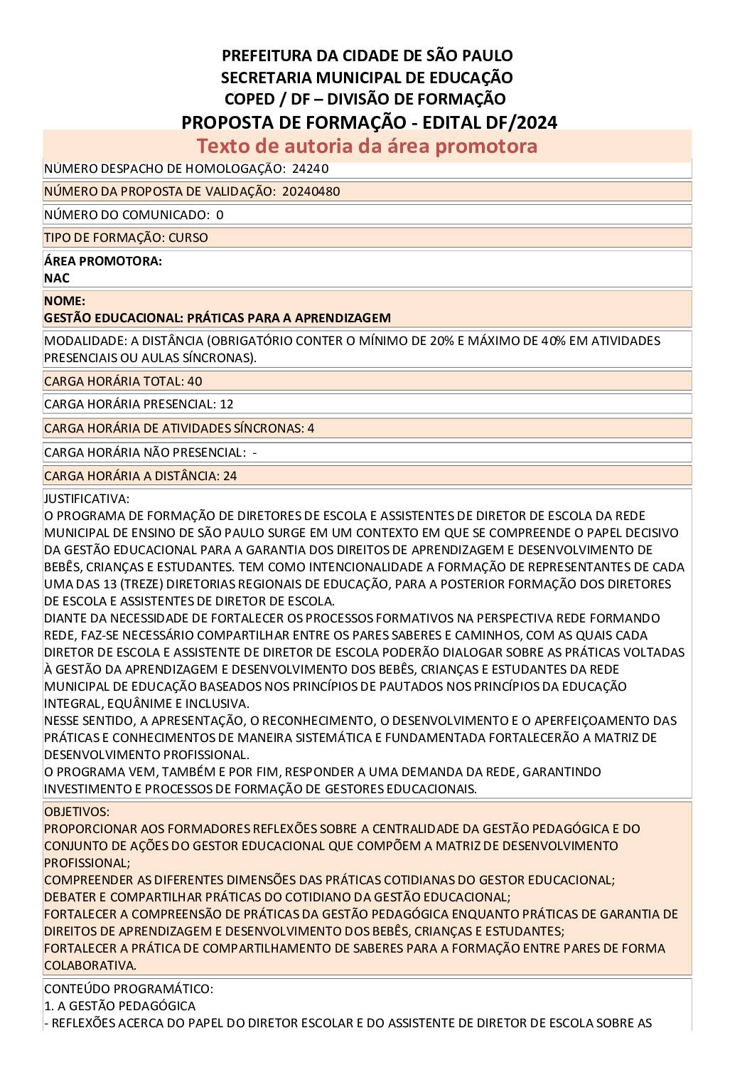 PROPOSTA FORMATIVA HOMOLOGADA PELA SME.