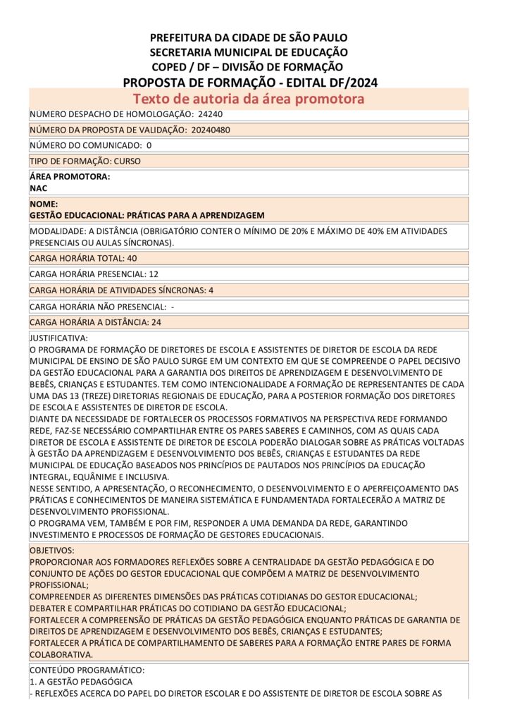 PROPOSTA FORMATIVA HOMOLOGADA PELA SME.