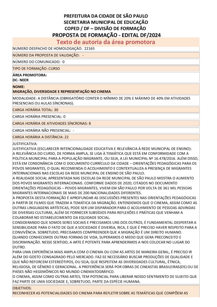 PROPOSTA FORMATIVA HOMOLOGADA PELA SME.