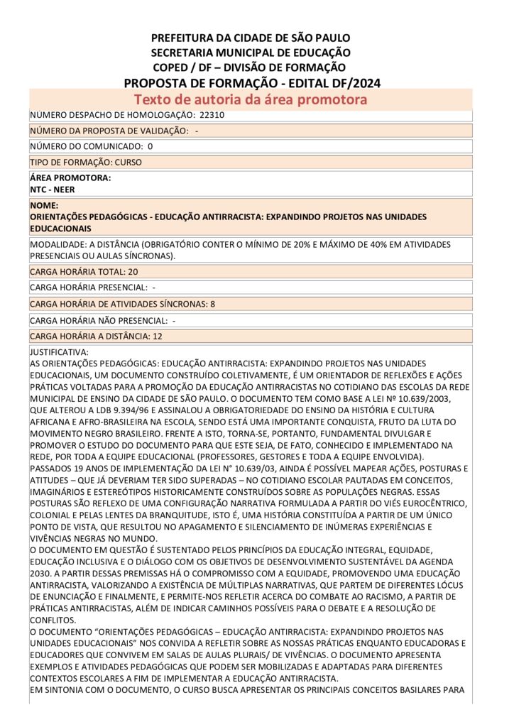 PROPOSTA FORMATIVA HOMOLOGADA PELA SME.