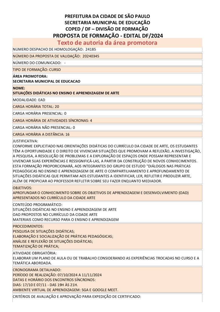 PROPOSTA FORMATIVA HOMOLOGADA PELA SME.