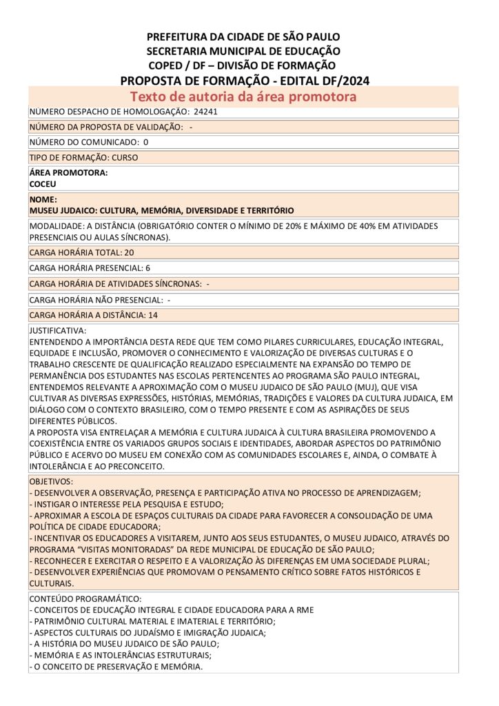 PROPOSTA FORMATIVA HOMOLOGADA PELA SME.