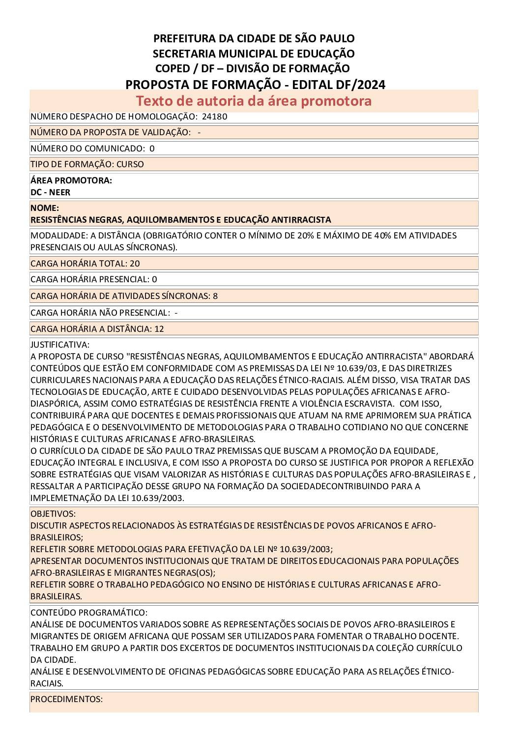 PROPOSTA FORMATIVA HOMOLOGADA PELA SME.
