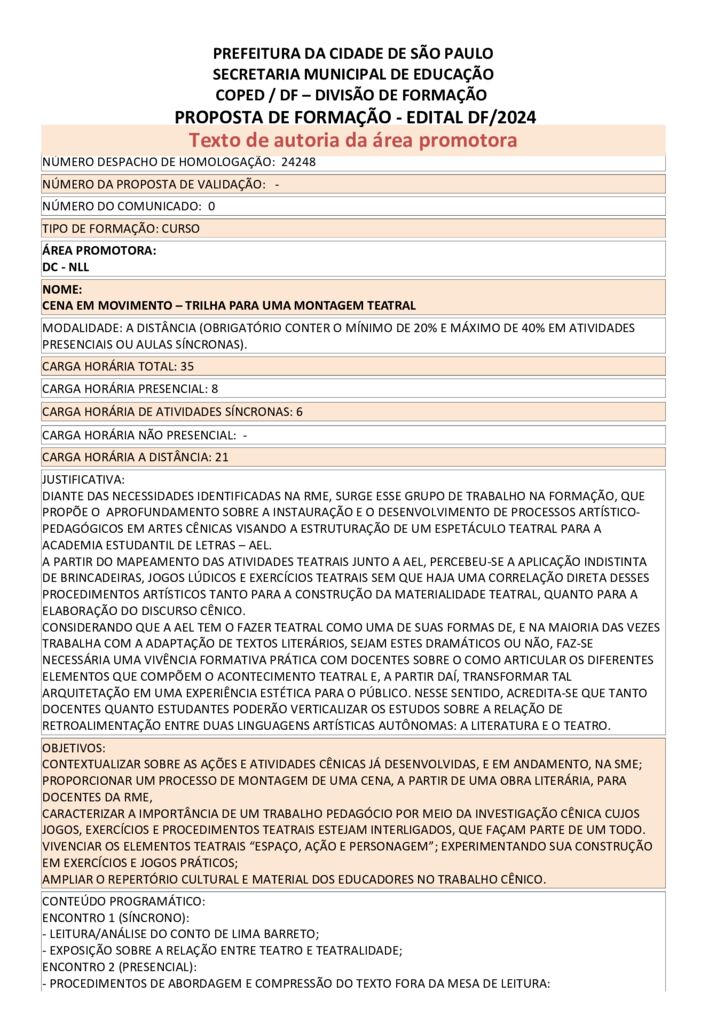 PROPOSTA FORMATIVA HOMOLOGADA PELA SME.