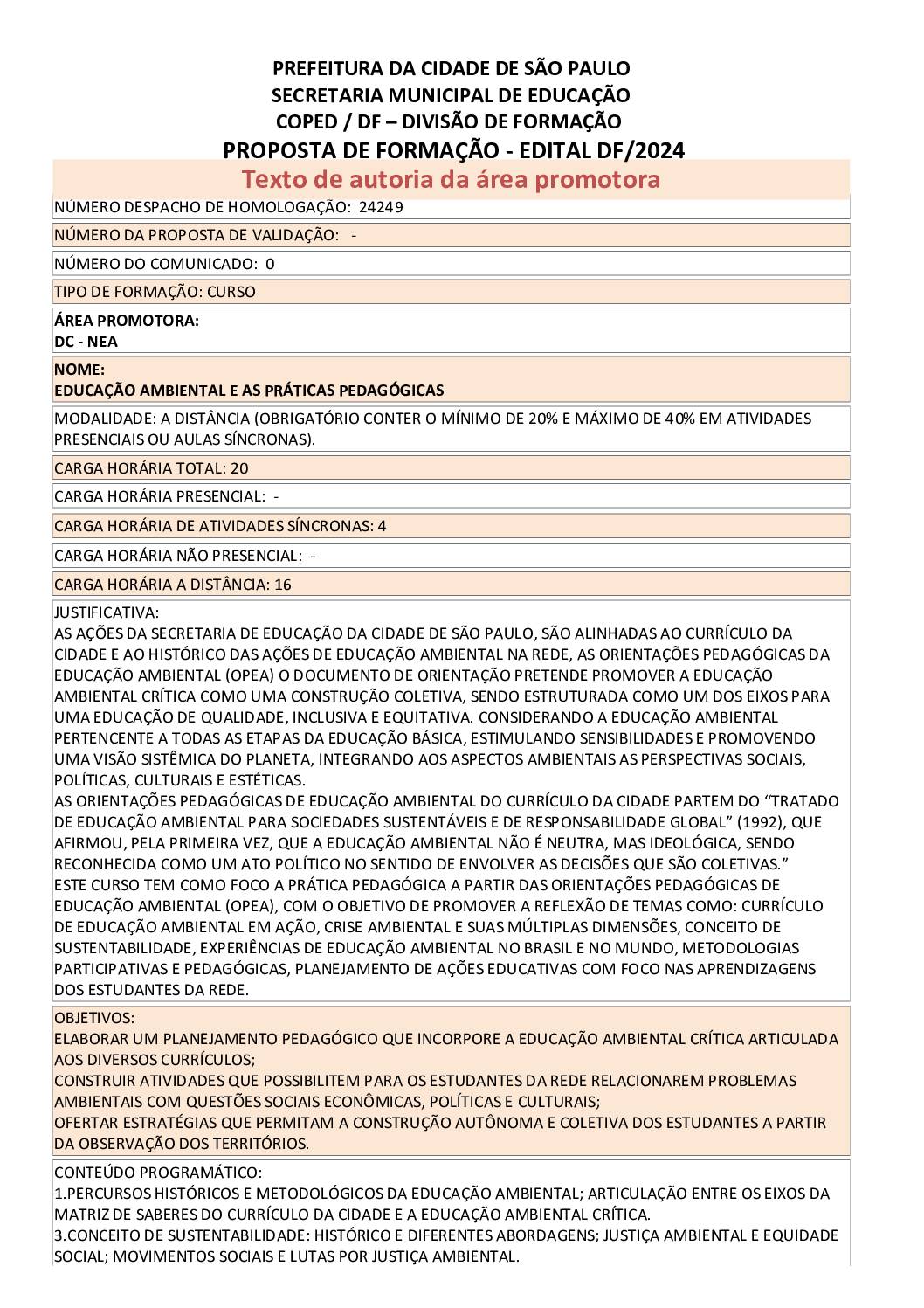 PROPOSTA FORMATIVA HOMOLOGADA PELA SME.