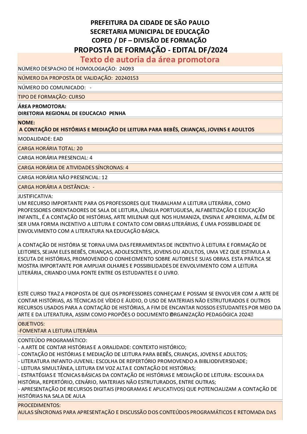 PROPOSTA FORMATIVA HOMOLOGADA PELA SME.