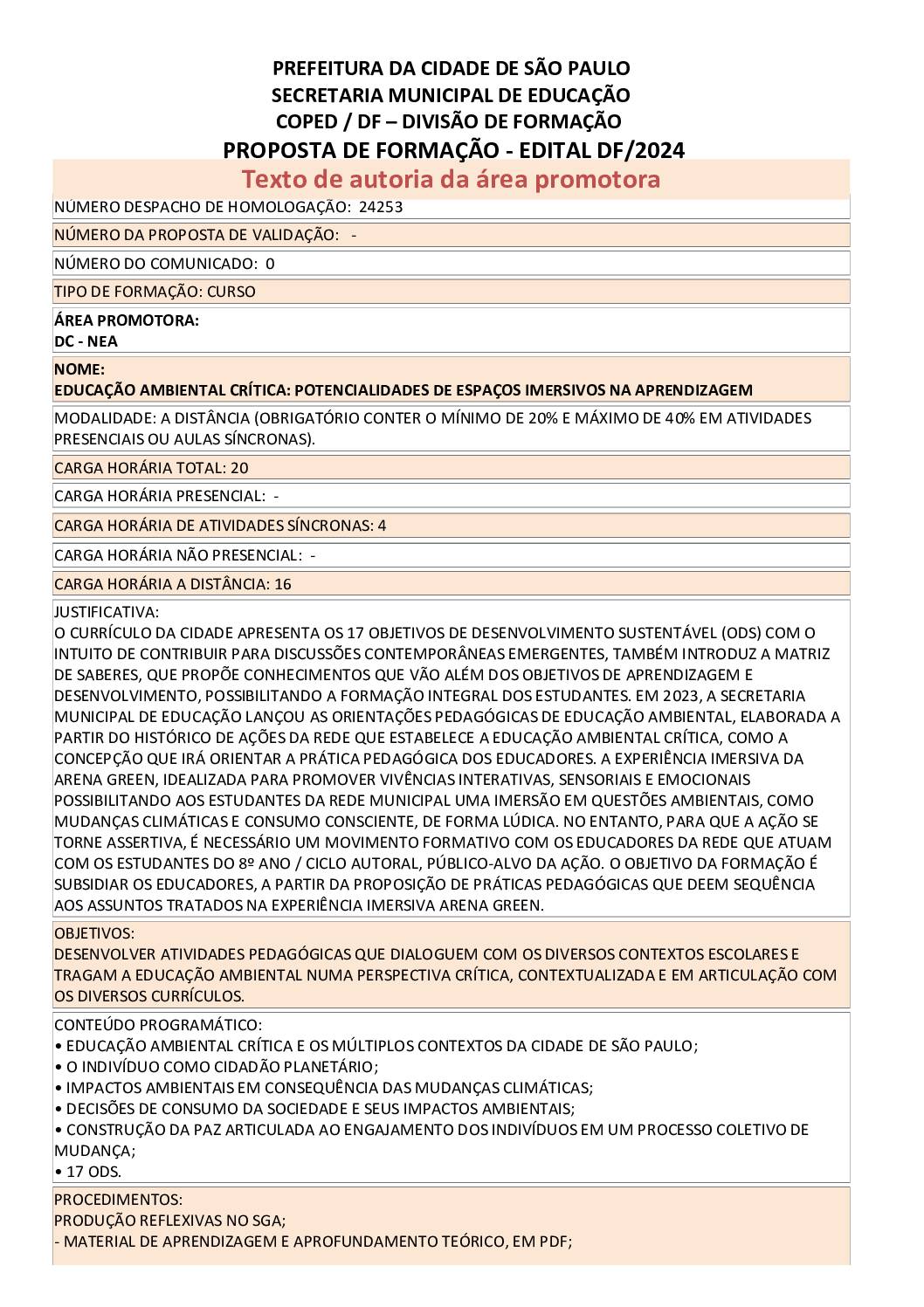 PROPOSTA FORMATIVA HOMOLOGADA PELA SME.