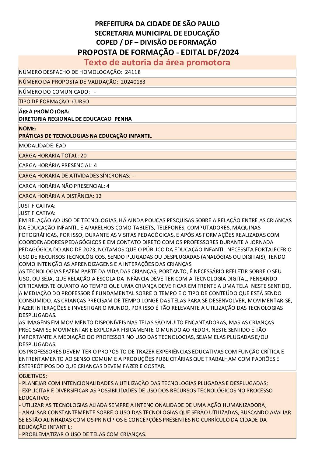 PROPOSTA FORMATIVA HOMOLOGADA PELA SME.
