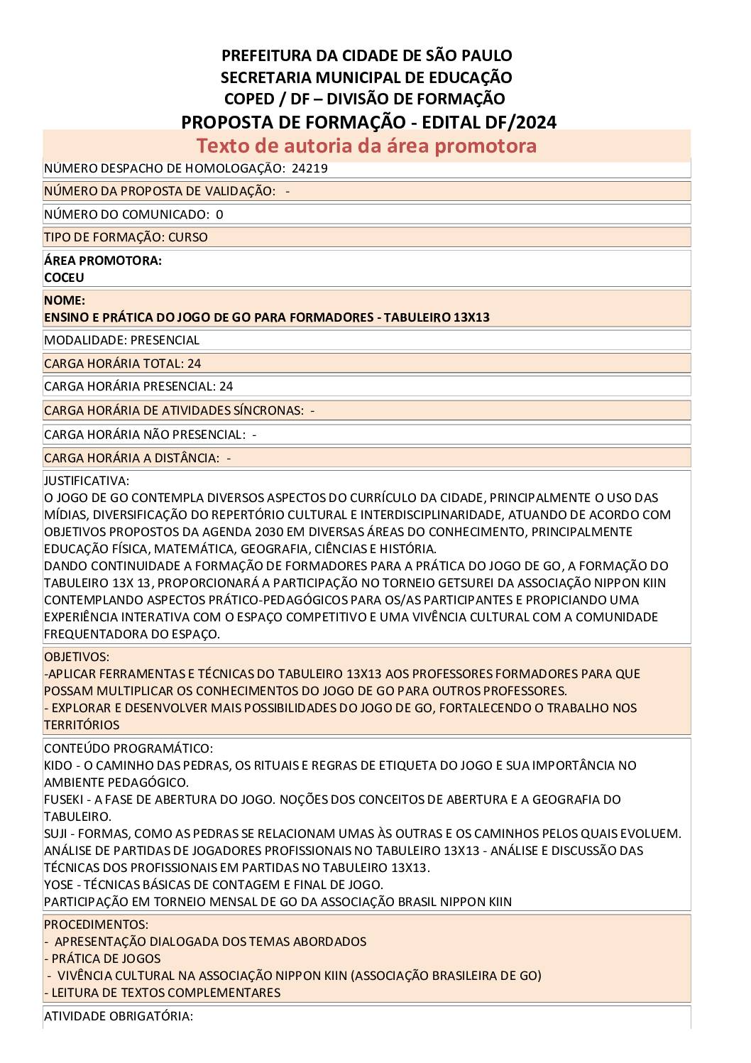 PROPOSTA FORMATIVA HOMOLOGADA PELA SME.