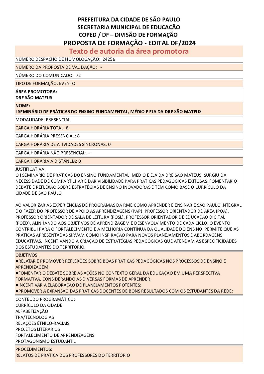 PROPOSTA FORMATIVA HOMOLOGADA PELA SME.
