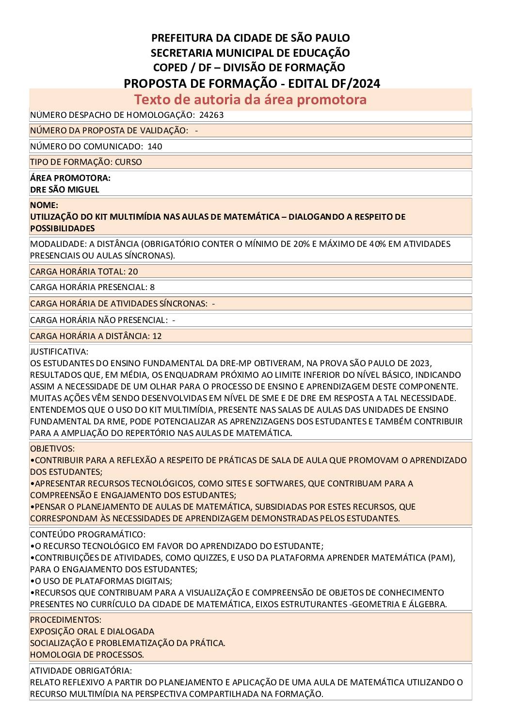PROPOSTA FORMATIVA HOMOLOGADA PELA SME.