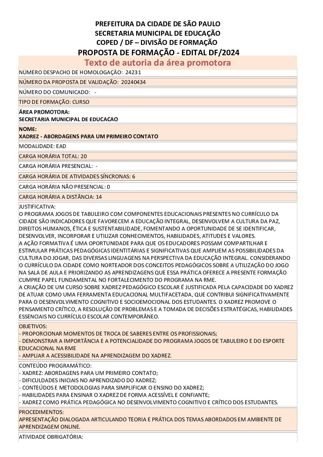 PROPOSTA FORMATIVA HOMOLOGADA PELA SME.