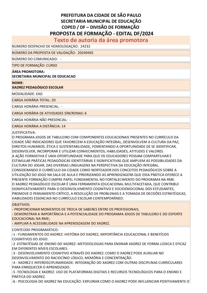 PROPOSTA FORMATIVA HOMOLOGADA PELA SME.