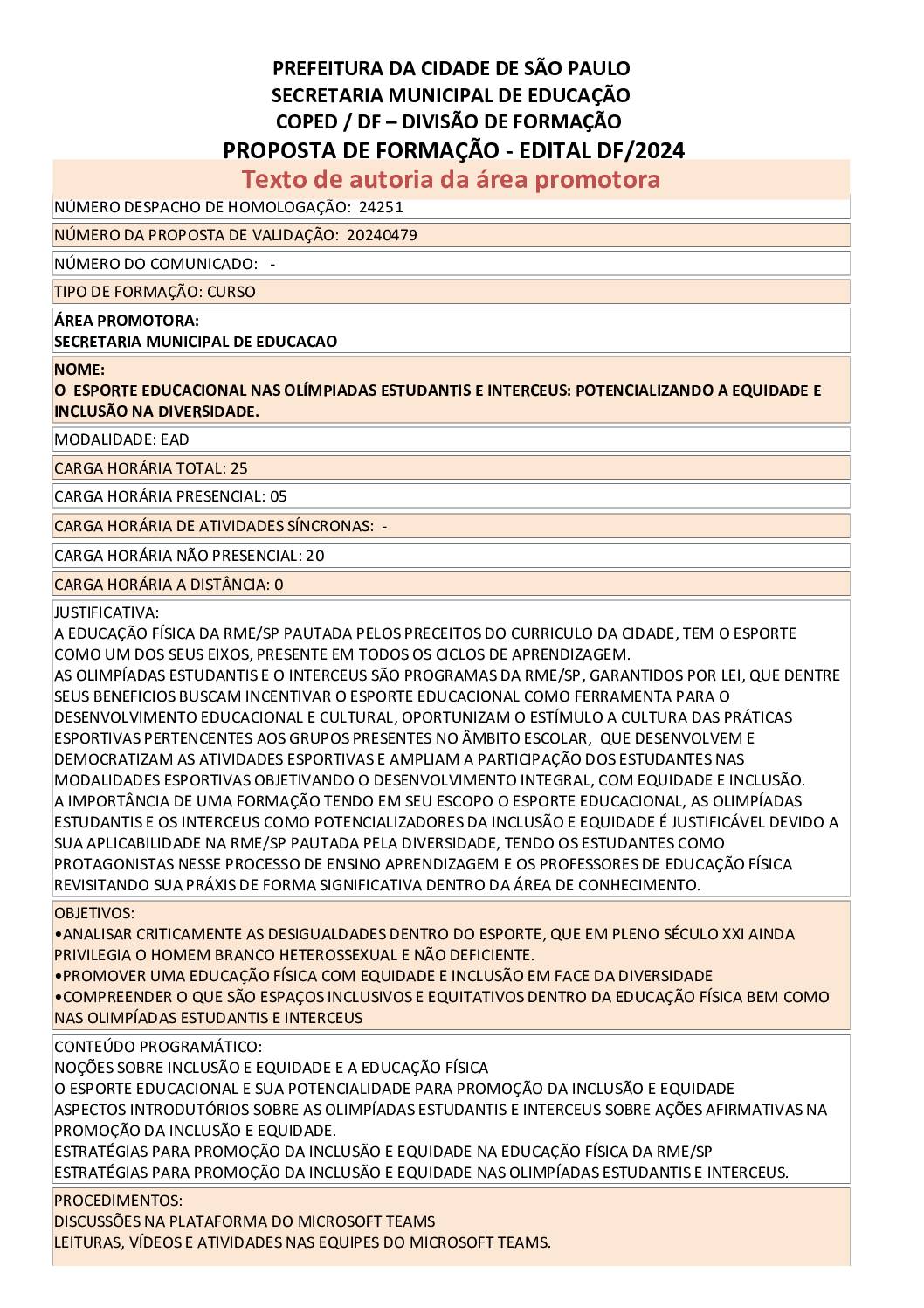 PROPOSTA FORMATIVA HOMOLOGADA PELA SME.