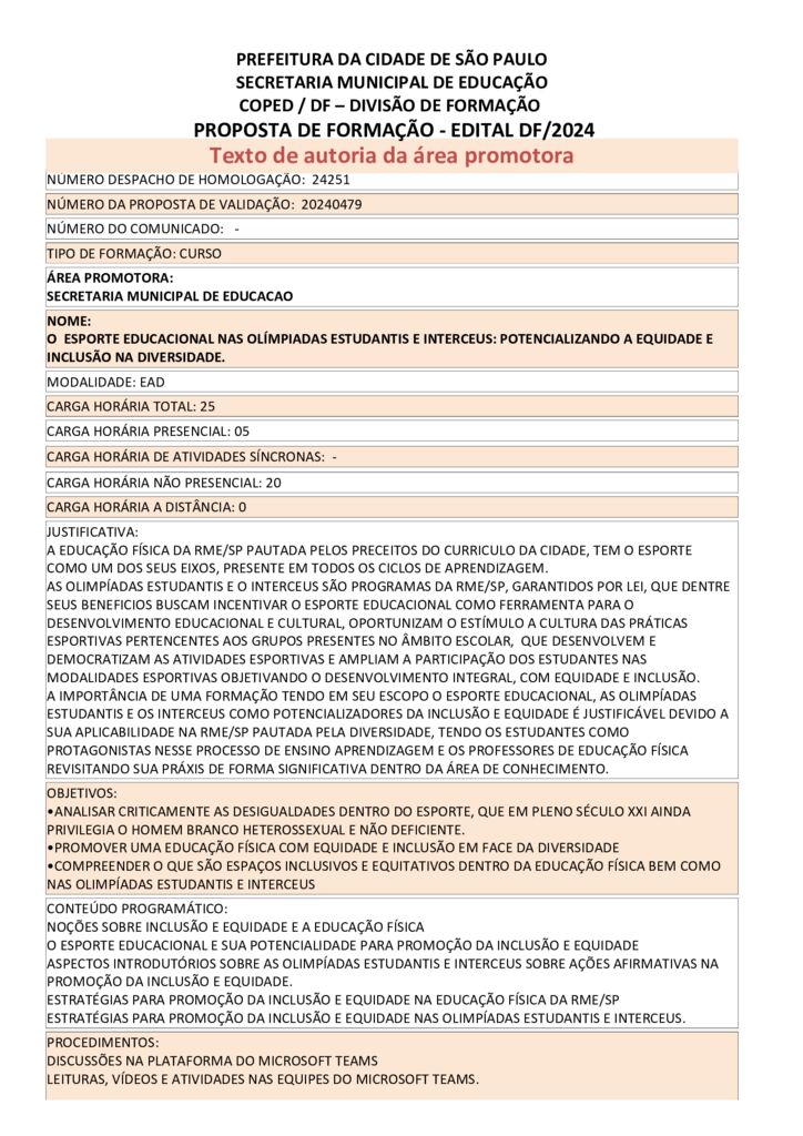 PROPOSTA FORMATIVA HOMOLOGADA PELA SME.