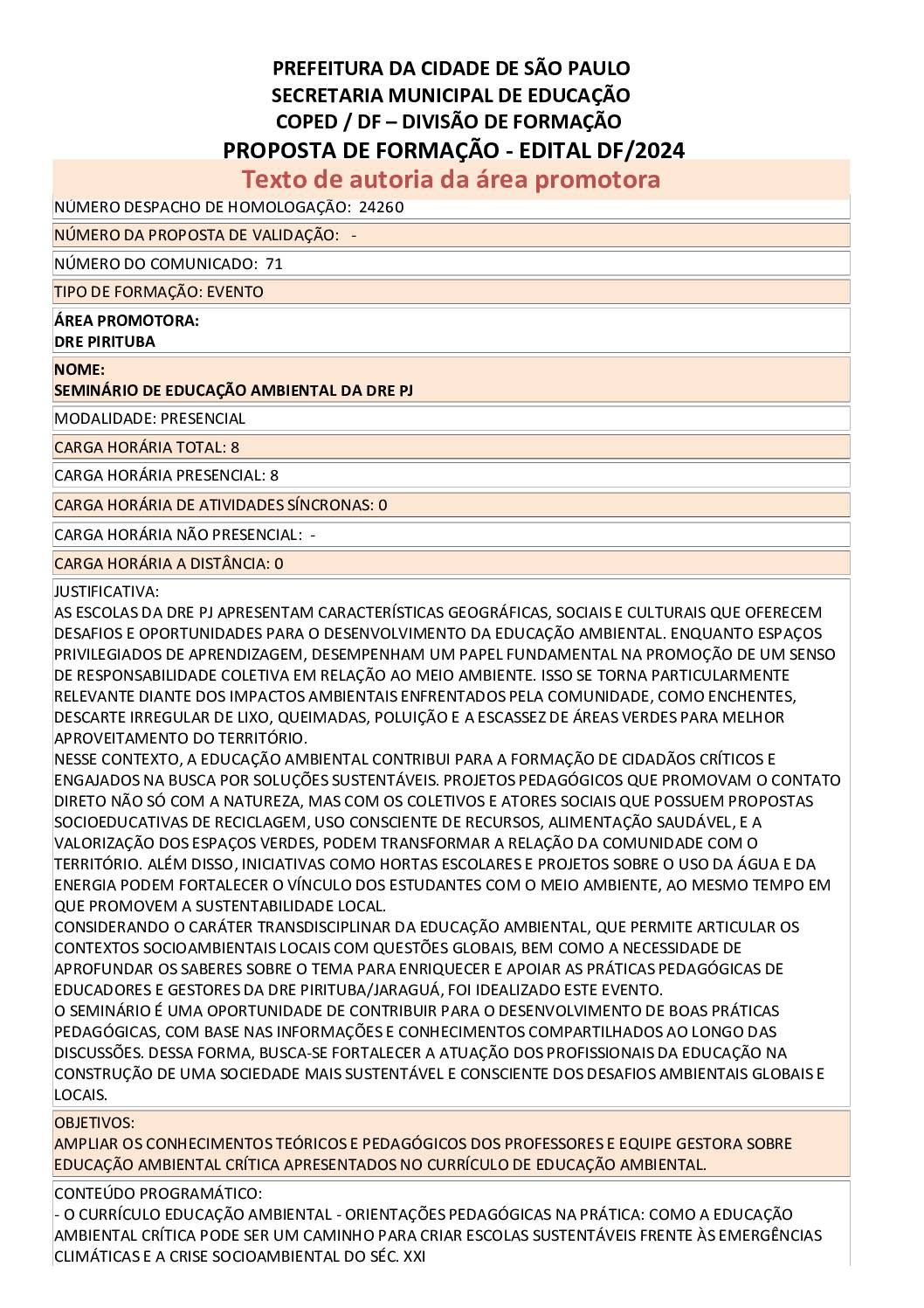 PROPOSTA FORMATIVA HOMOLOGADA PELA SME.
