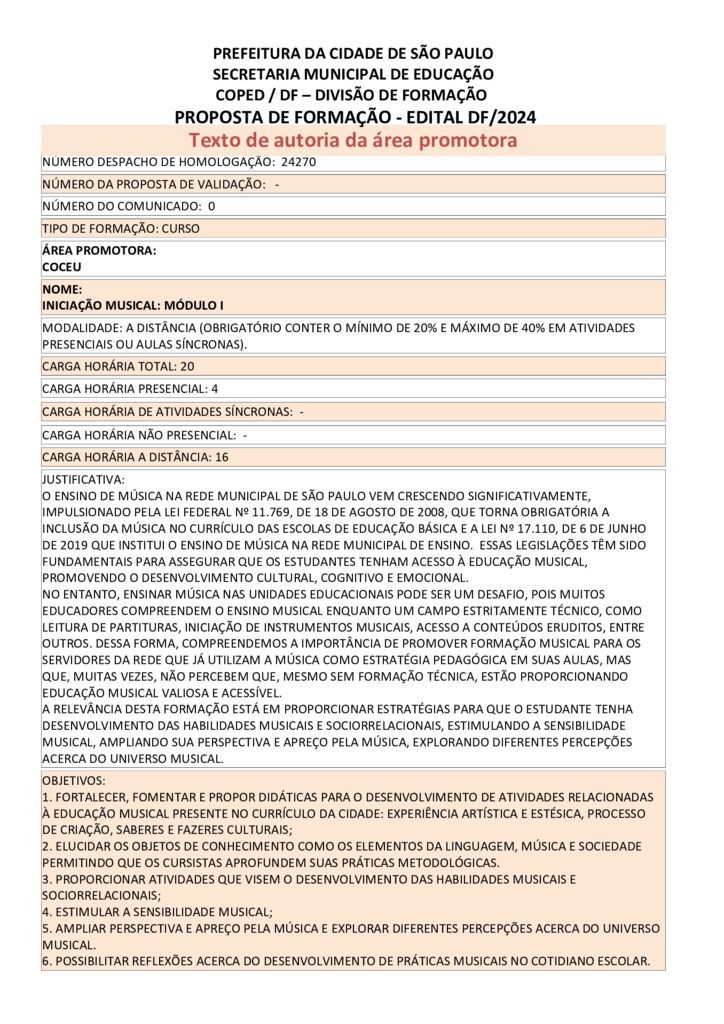 PROPOSTA FORMATIVA HOMOLOGADA PELA SME.