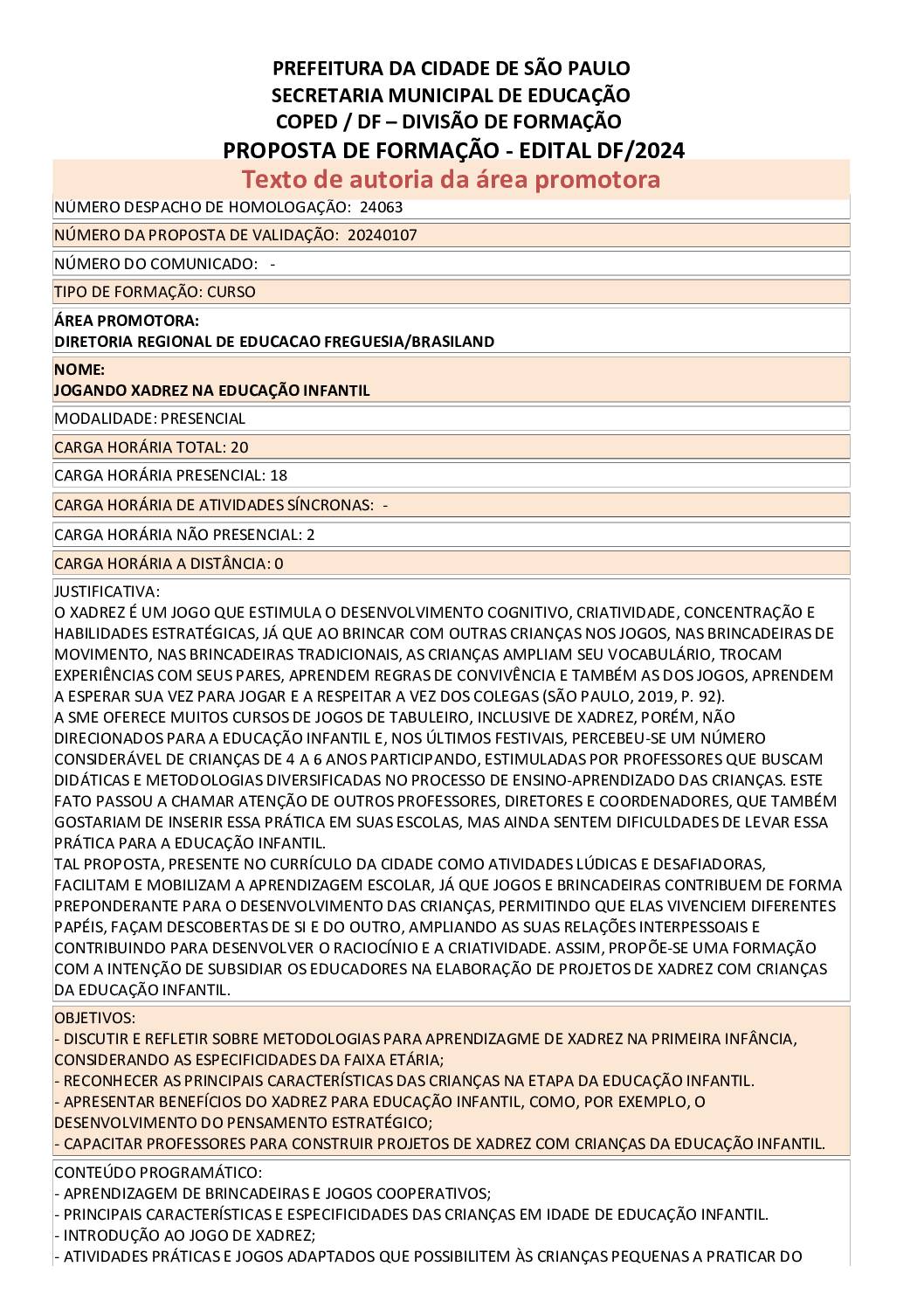 PROPOSTA FORMATIVA HOMOLOGADA PELA SME.