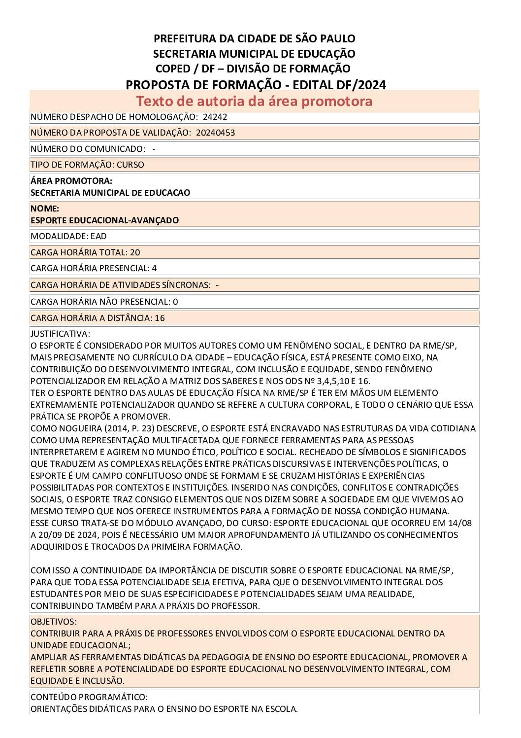 PROPOSTA FORMATIVA HOMOLOGADA PELA SME.