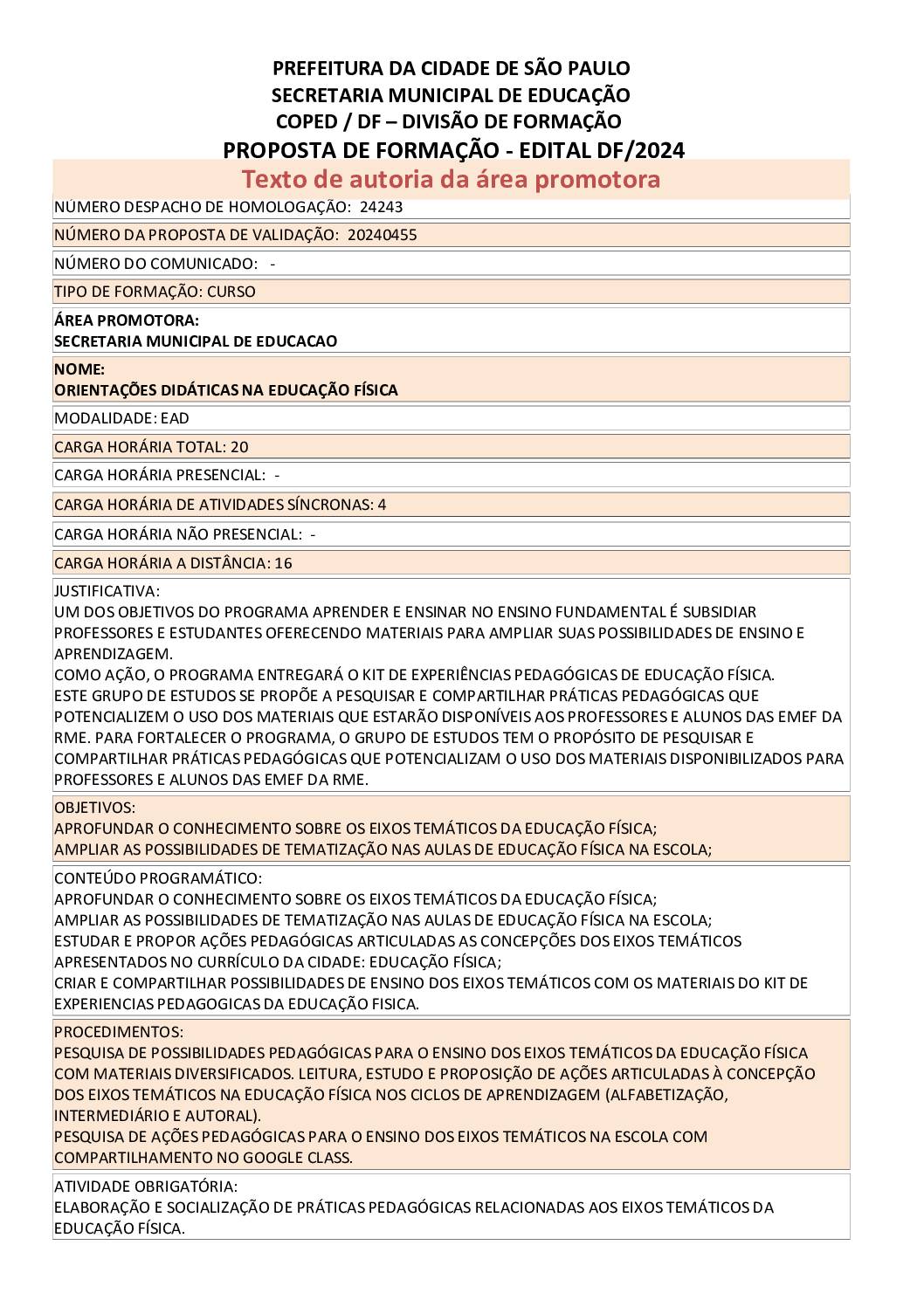 PROPOSTA FORMATIVA HOMOLOGADA PELA SME.