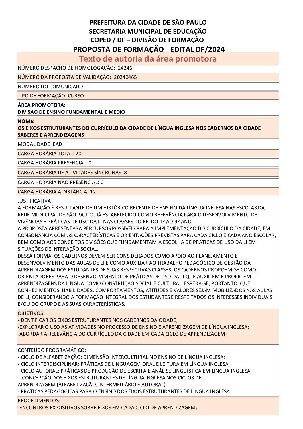 PROPOSTA FORMATIVA HOMOLOGADA PELA SME.
