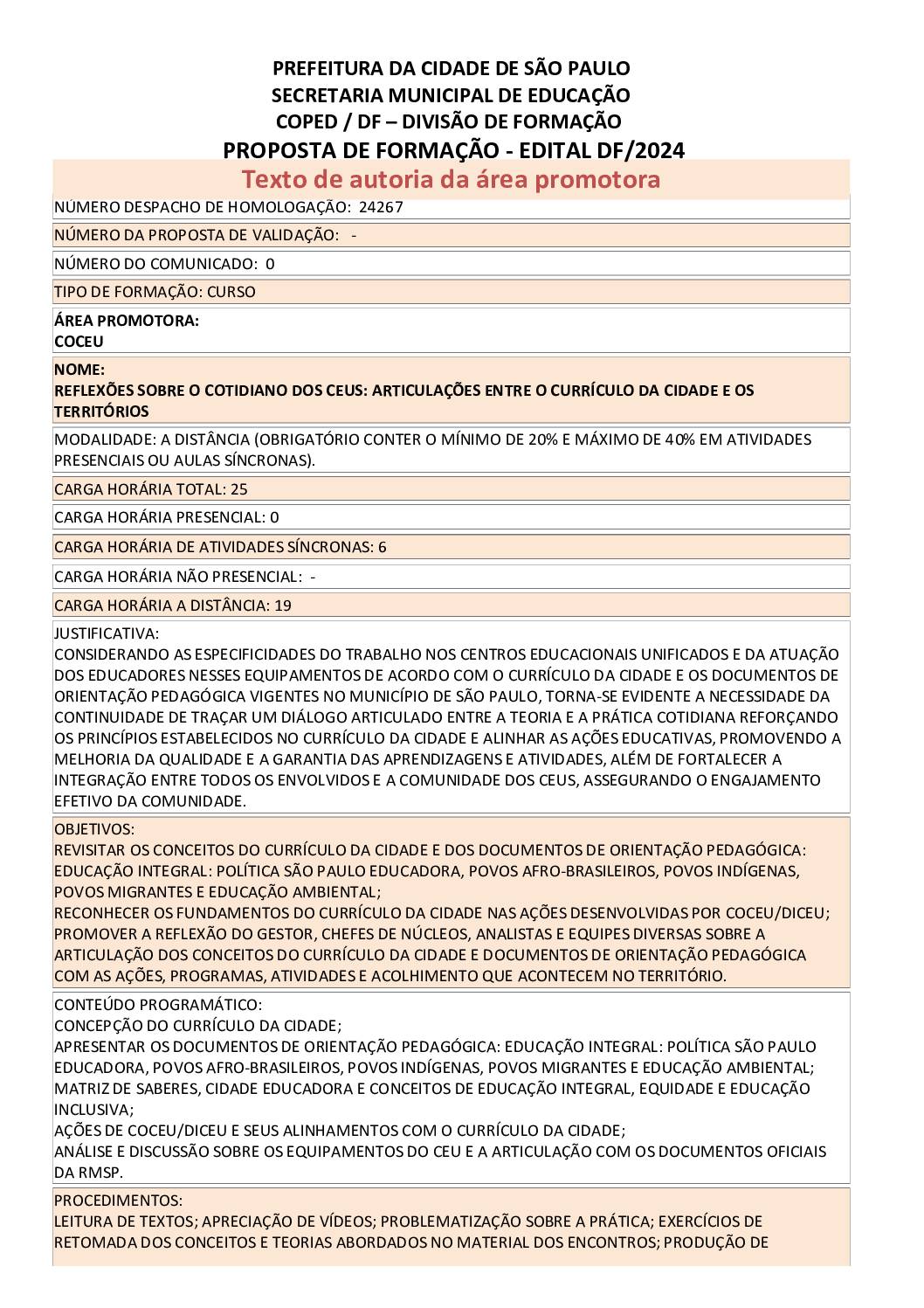 PROPOSTA FORMATIVA HOMOLOGADA PELA SME.