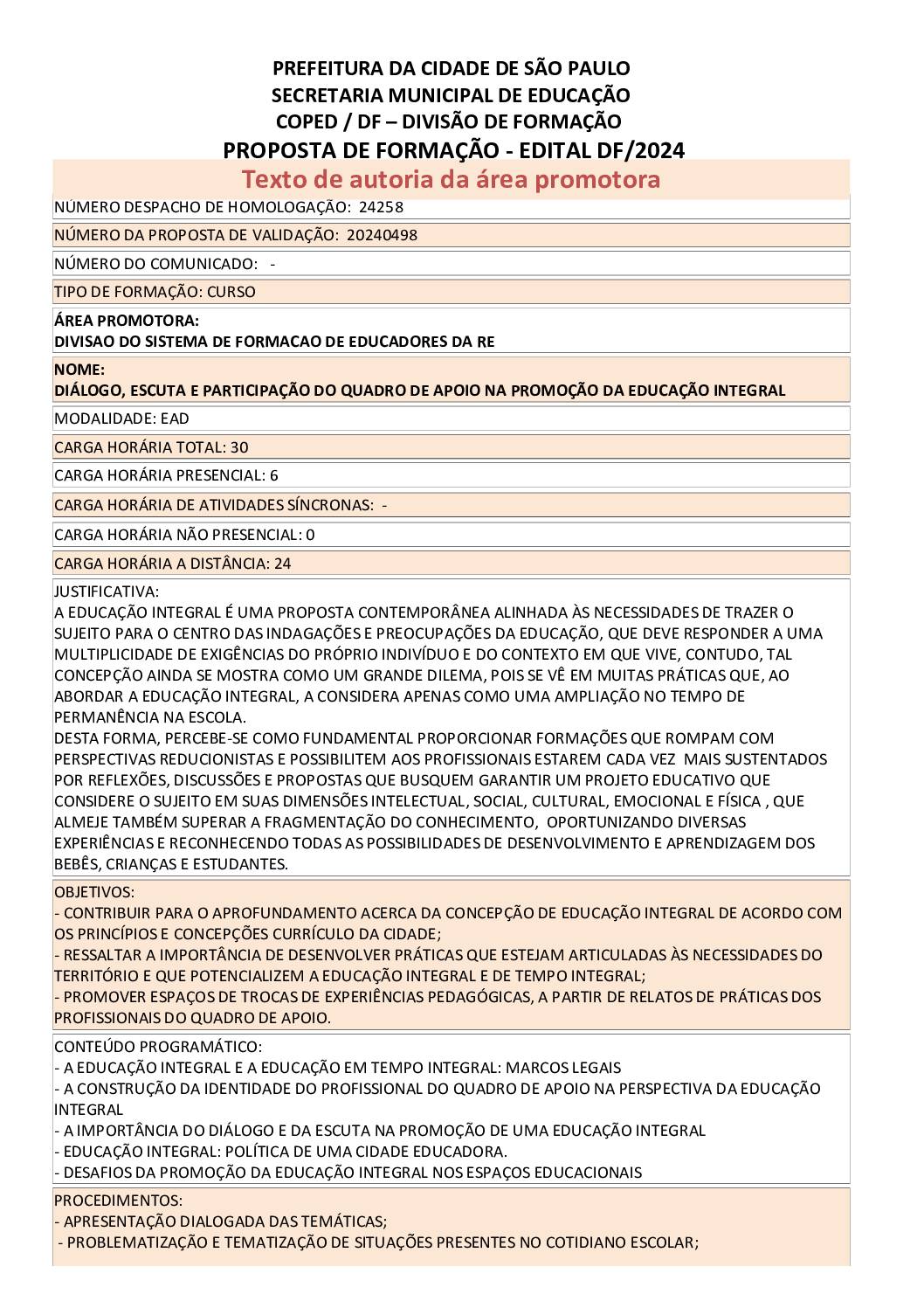 PROPOSTA FORMATIVA HOMOLOGADA PELA SME.