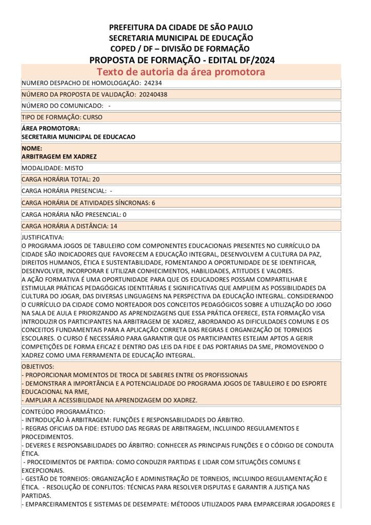 PROPOSTA FORMATIVA HOMOLOGADA PELA SME.