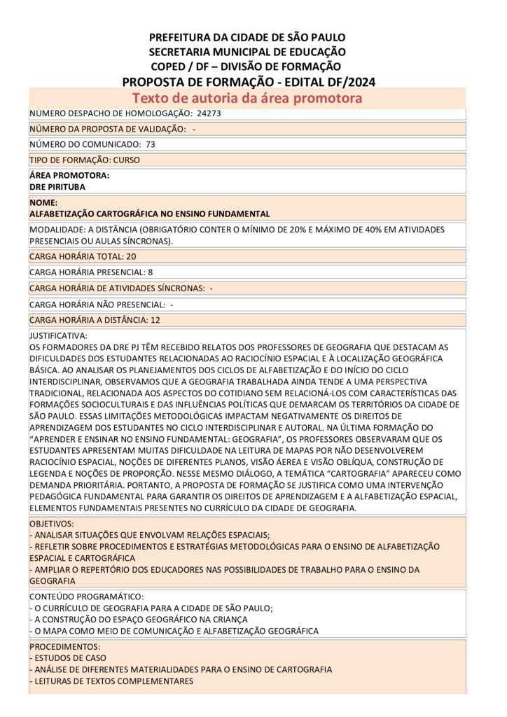 PROPOSTA FORMATIVA HOMOLOGADA PELA SME.