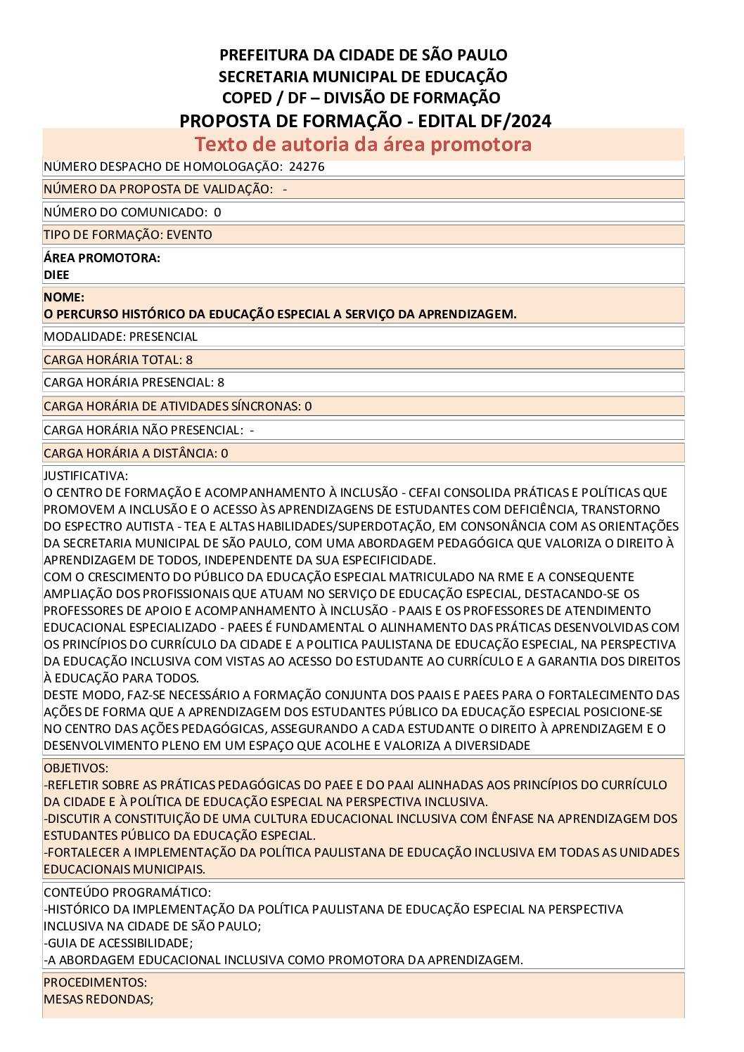 PROPOSTA FORMATIVA HOMOLOGADA PELA SME.