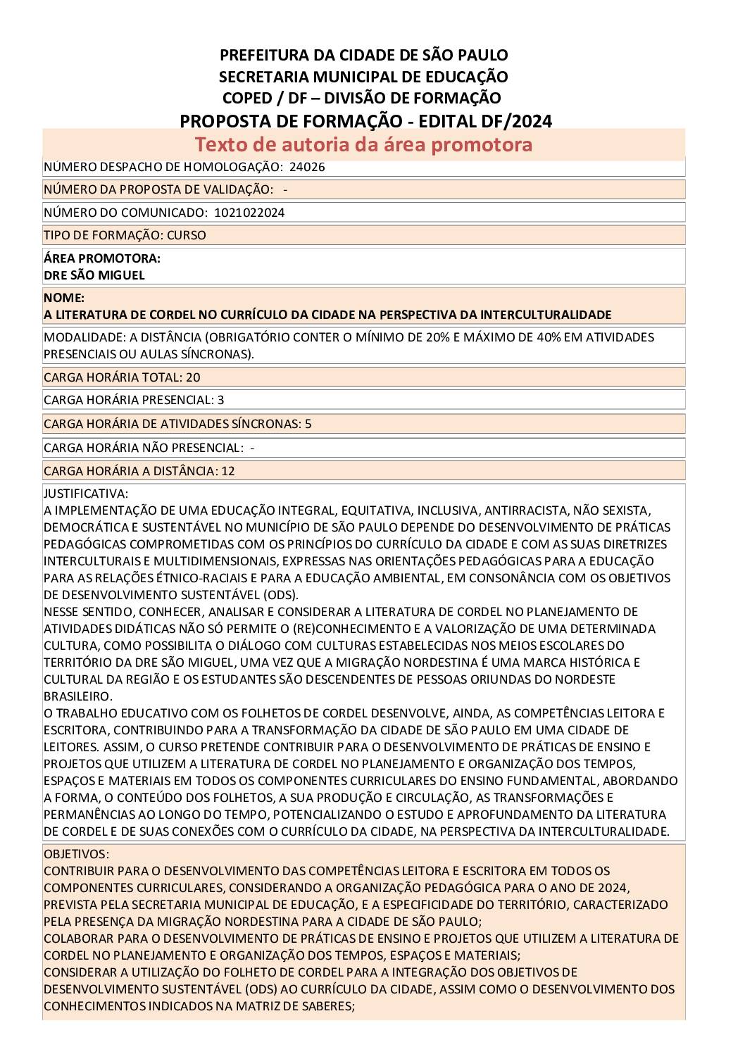 PROPOSTA FORMATIVA HOMOLOGADA PELA SME.