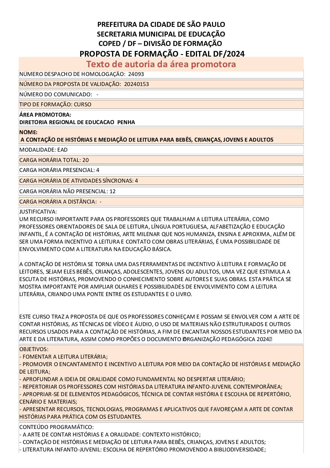 PROPOSTA FORMATIVA HOMOLOGADA PELA SME.