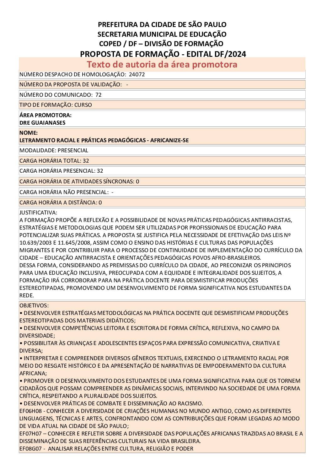 Proposta formativa homologada pela SME