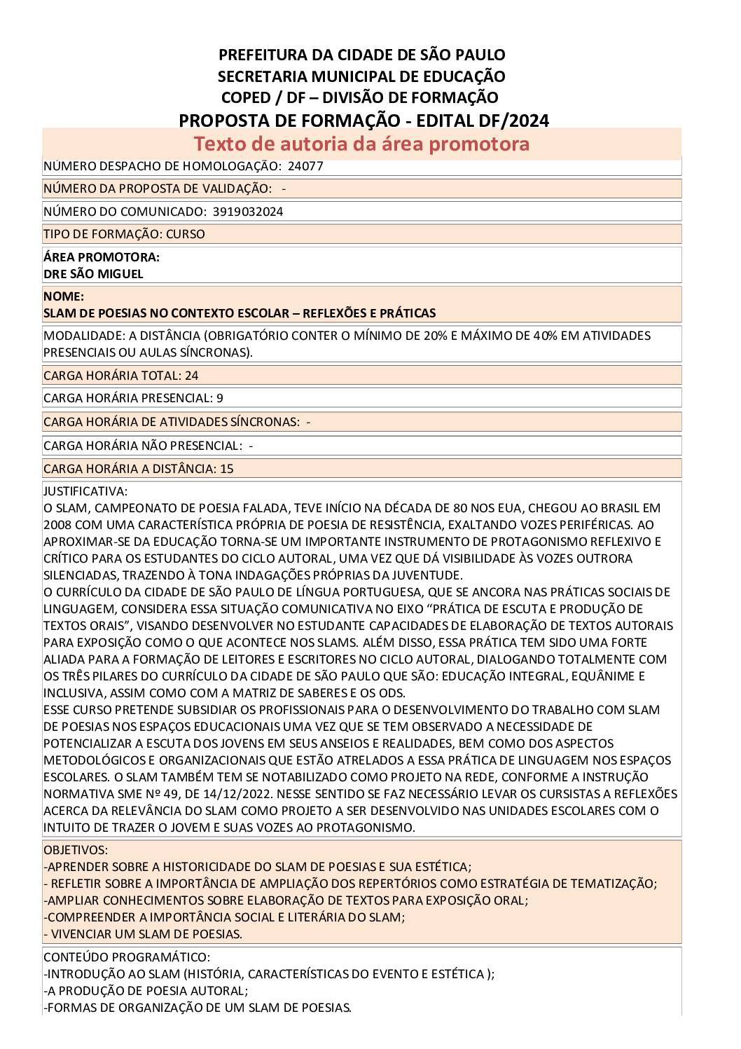 Proposta formativa homologada pela SME