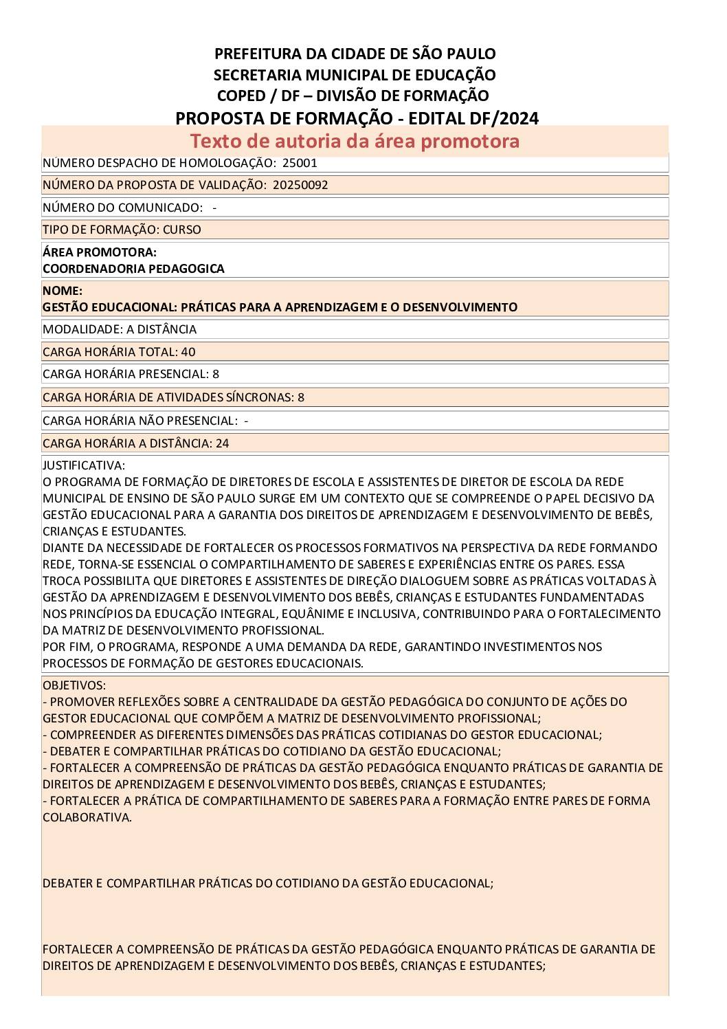 Proposta formativa homologada pela SME
