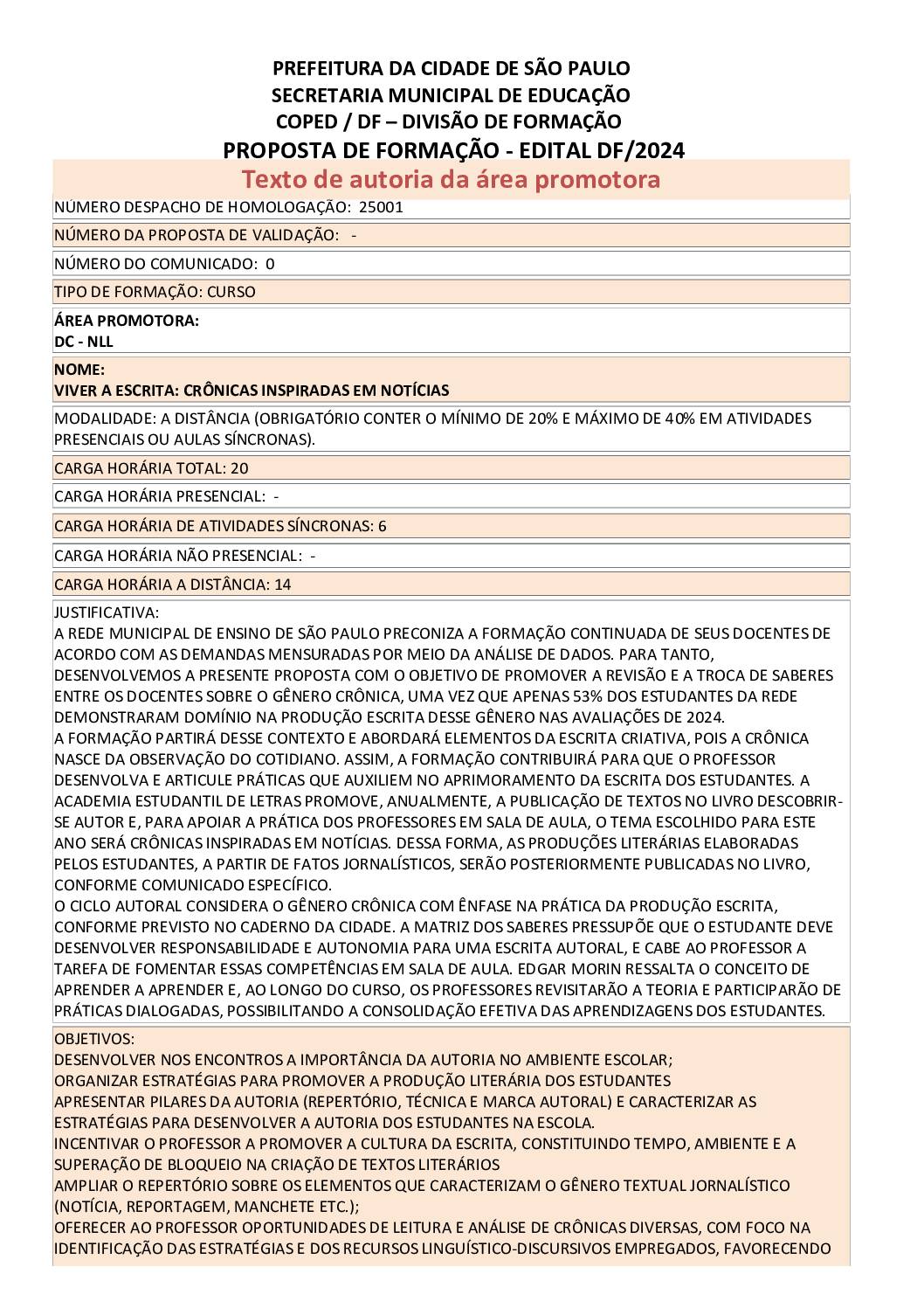 Proposta formativa homologada pela SME