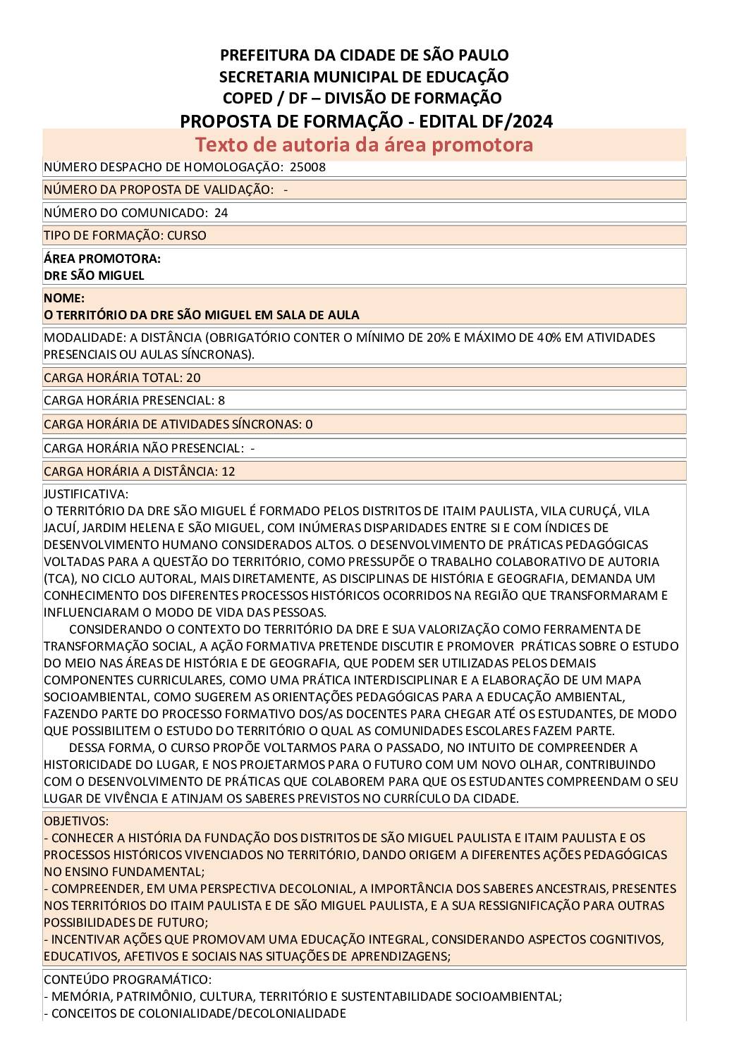 Proposta formativa homologada pela SME