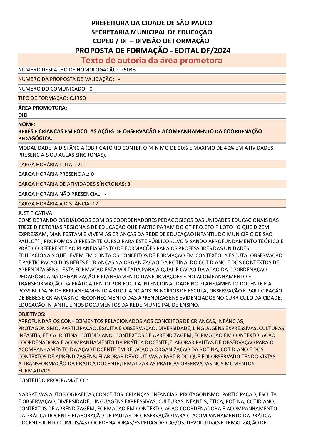 Proposta formativa homologada pela SME