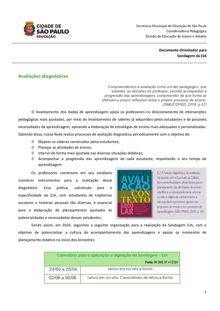 Documento com orientações acerca do levantamento dos dados de aprendizagem de estudantes da Educação de Jovens e Adultos.