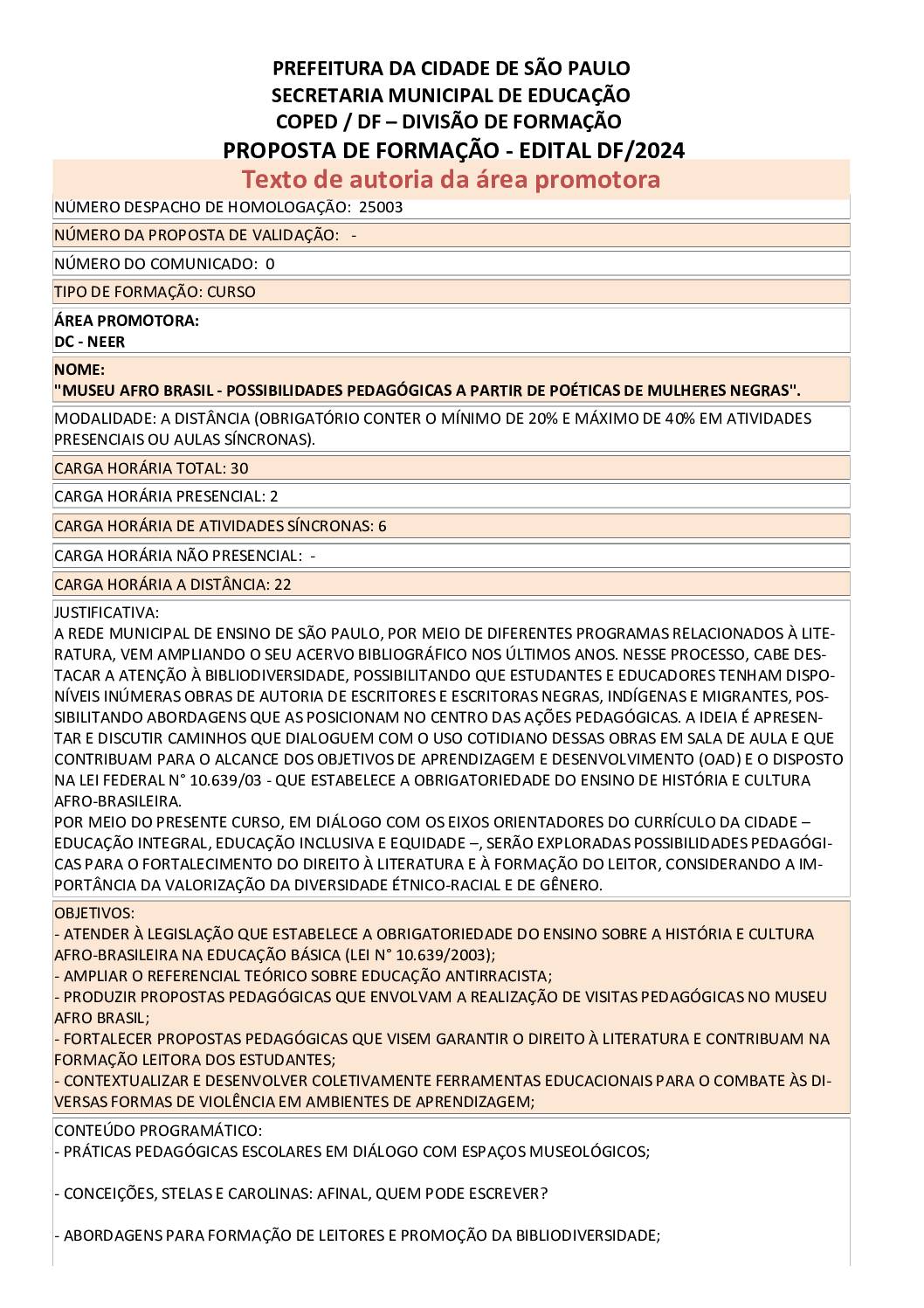 Proposta formativa homologada pela SME
