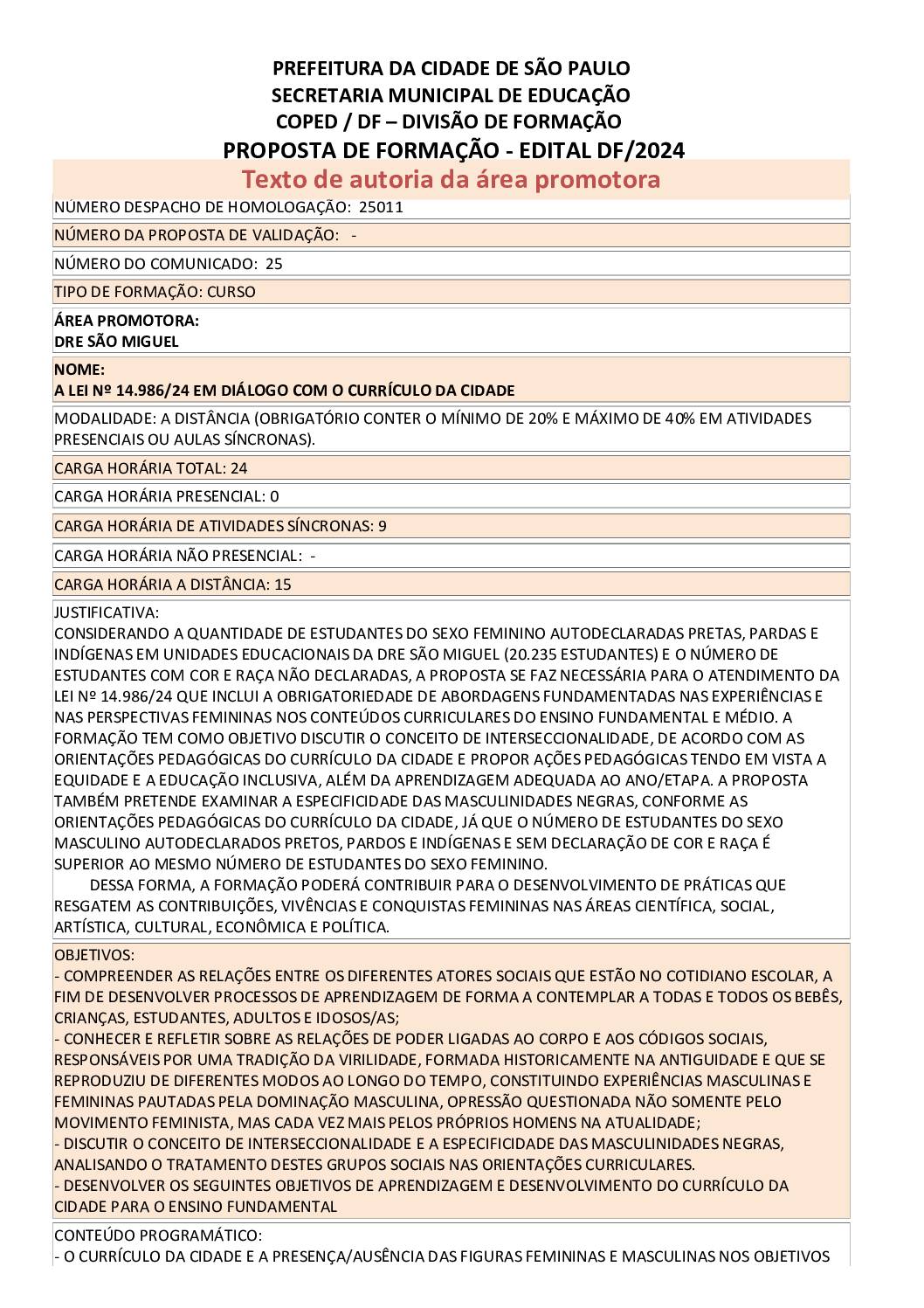 Proposta formativa homologada pela SME