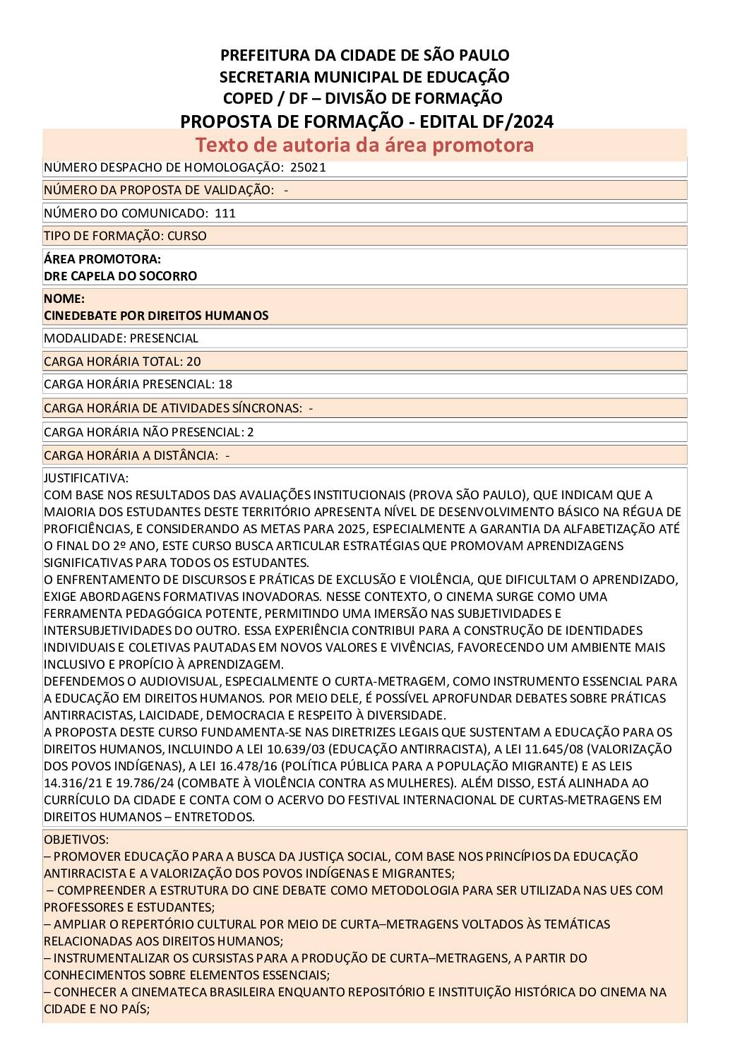 Proposta formativa homologada pela SME