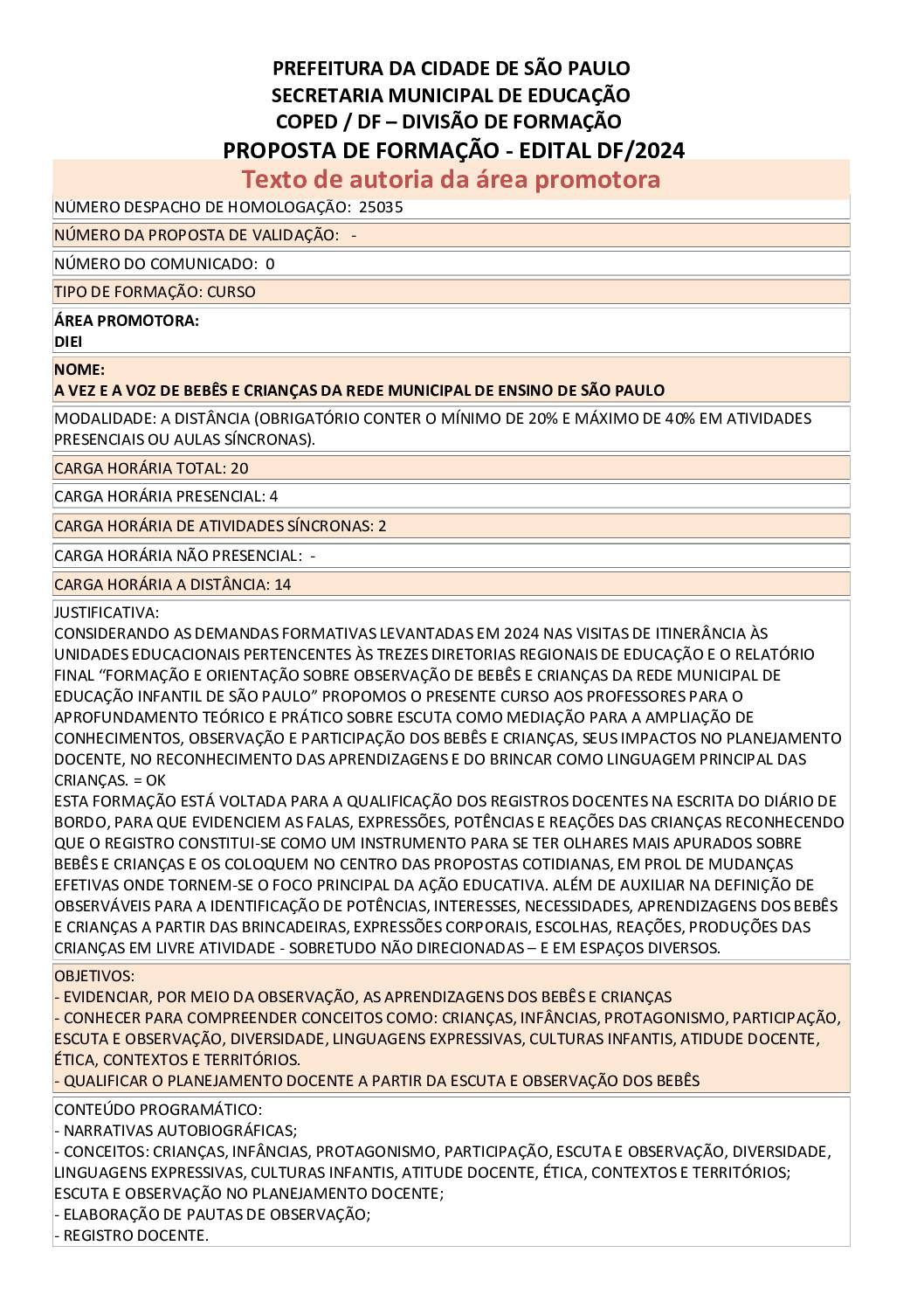 Proposta formativa homologada pela SME