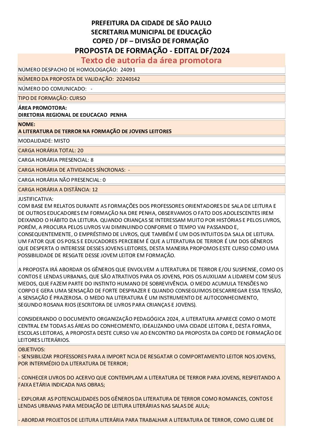 Proposta formativa homologada pela SME